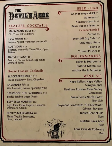 menu of The Devil's Acre