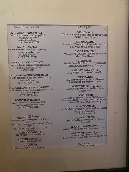 menu of Sunset Reservoir Brewing Company