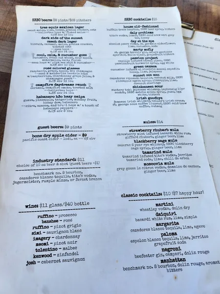 menu of Sunset Reservoir Brewing Company