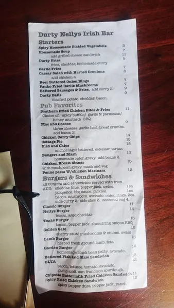 menu of Durty Nelly's