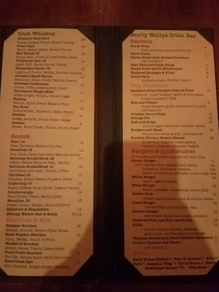 menu of Durty Nelly's