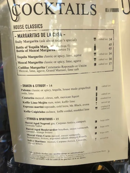 menu of Mezcalito