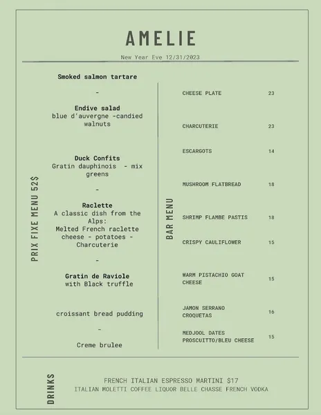 menu of Amelie San Francisco