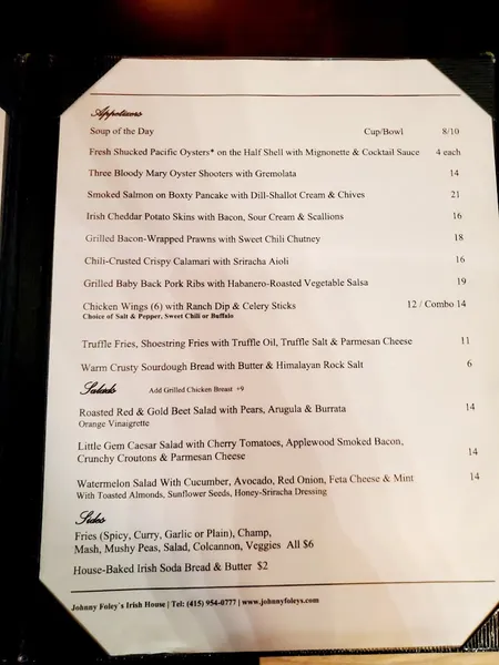 menu of Johnny Foley's Irish House