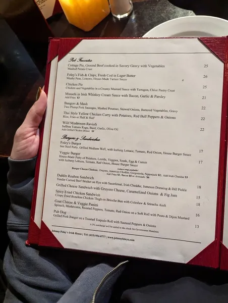 menu of Johnny Foley's Irish House