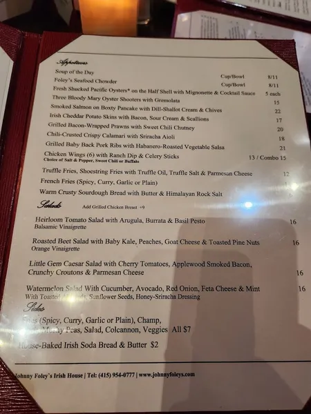 menu of Johnny Foley's Irish House