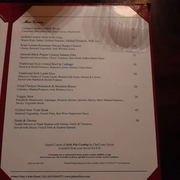 menu of Johnny Foley's Irish House