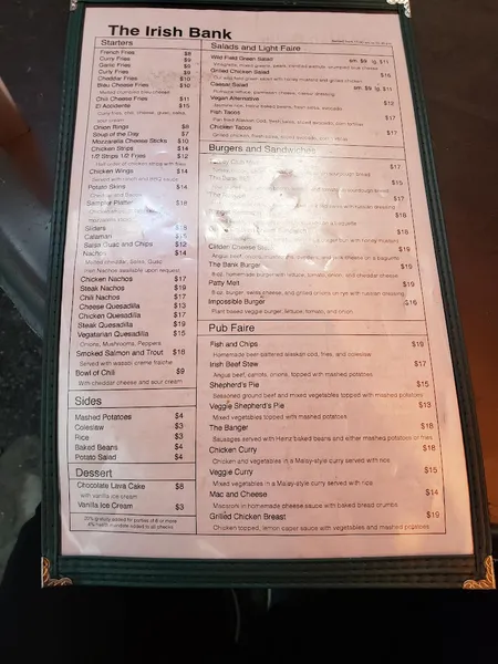 menu of The Irish Bank