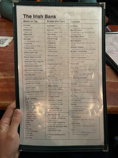 menu of The Irish Bank