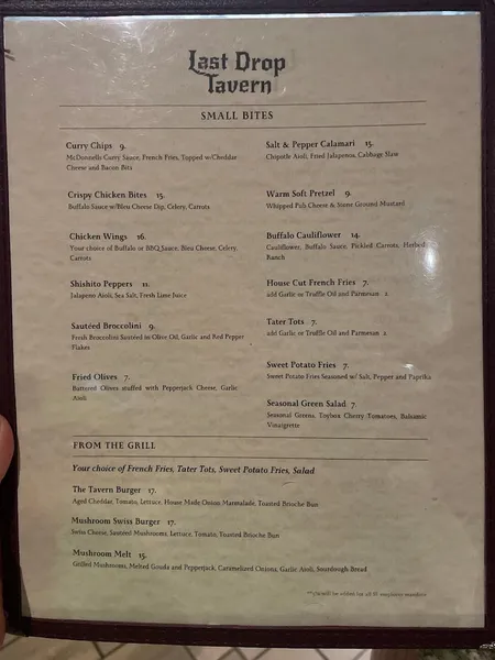 menu of Last Drop Tavern