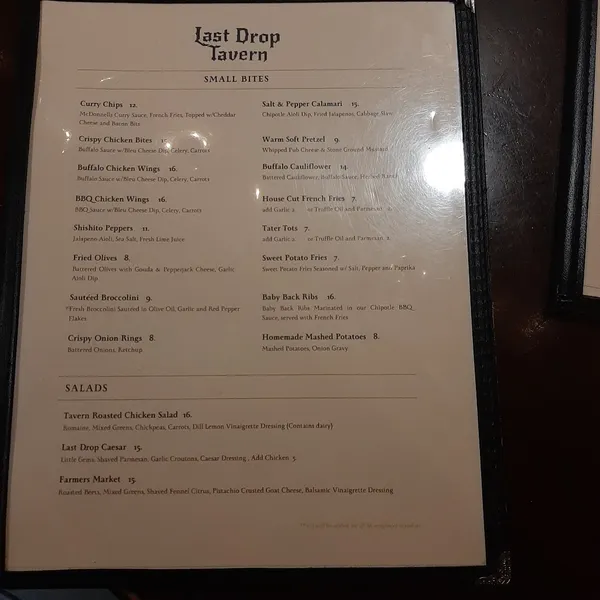 menu of Last Drop Tavern