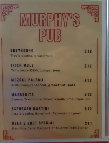 menu of Murphy's Pub