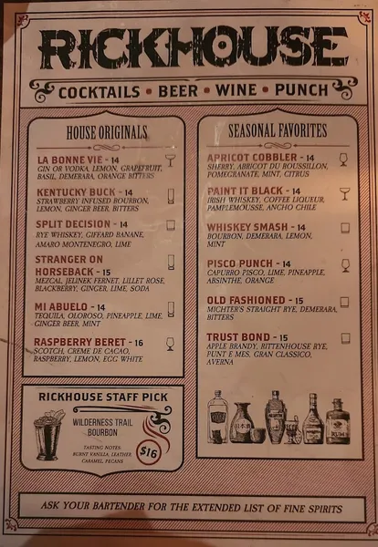 menu of Rickhouse