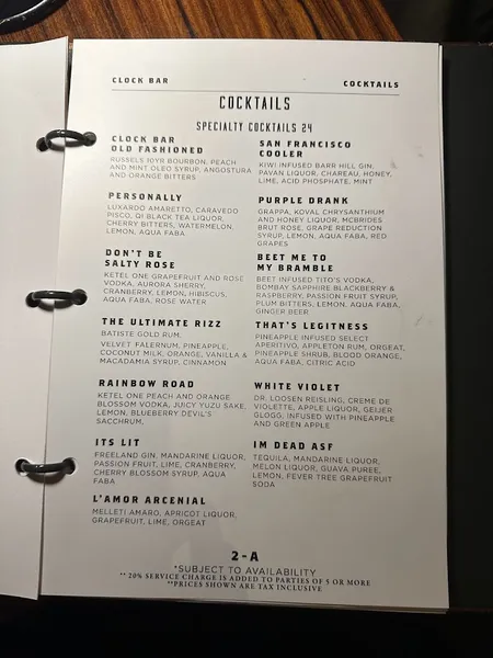 menu of Clock Bar