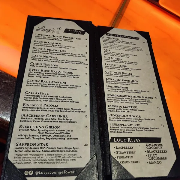 menu of Lucy's Lounge