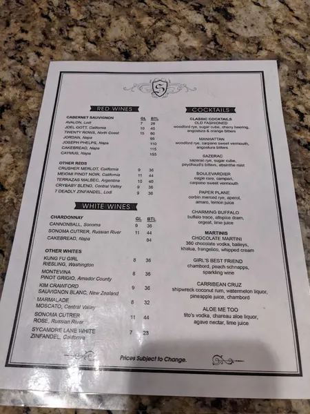 menu of The Standard