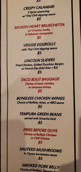 menu of The Lincoln Pub & Grub