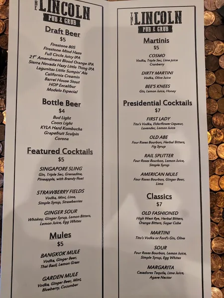 menu of The Lincoln Pub & Grub