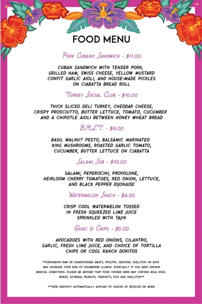 menu of The Flamingo House Social Club