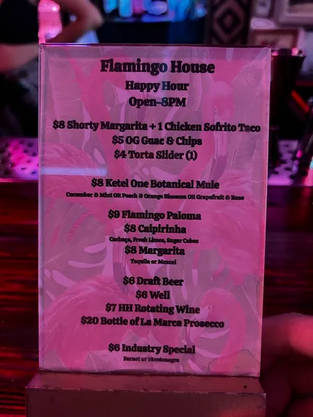 menu of The Flamingo House Social Club