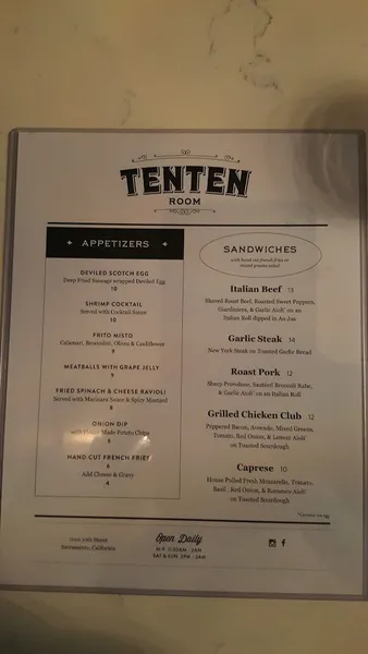 menu of Ten Ten Room