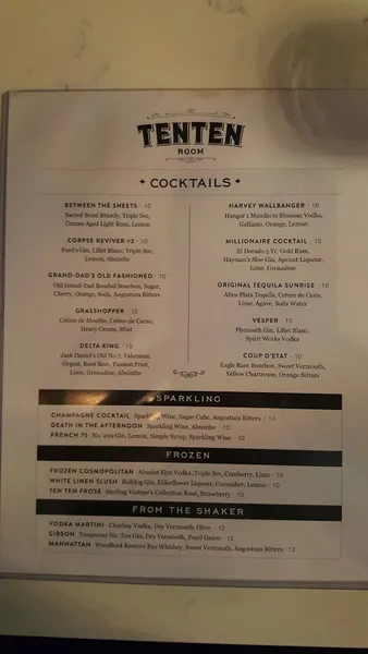 menu of Ten Ten Room