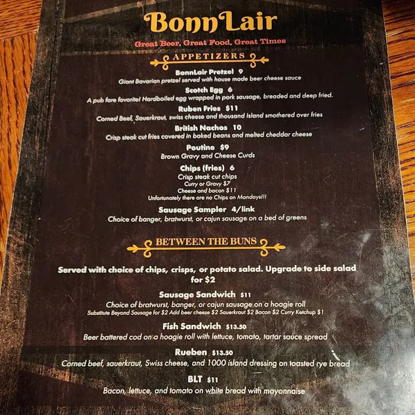 menu of Bonn Lair