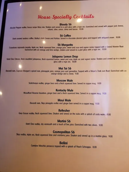 menu of Clubhouse 56