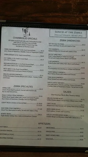 menu of The Zebra Club