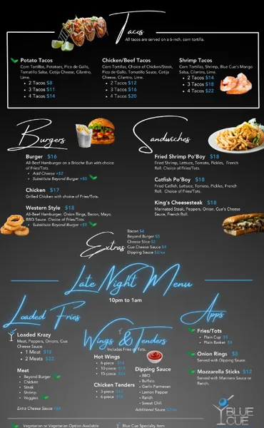 menu of Blue Cue