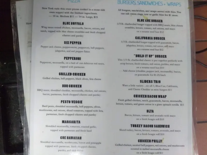 menu of Blue Cue