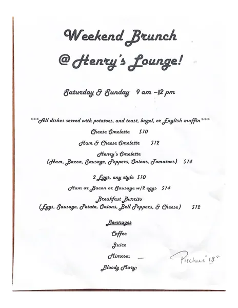 menu of Henry's Lounge