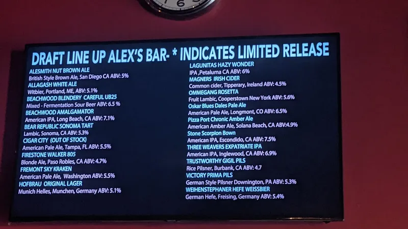 menu of Alex's Bar