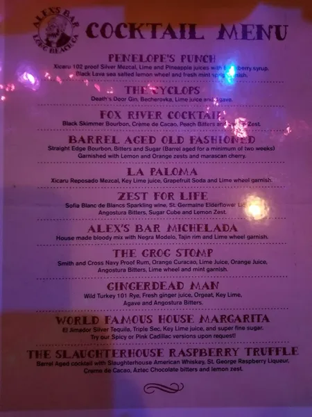 menu of Alex's Bar