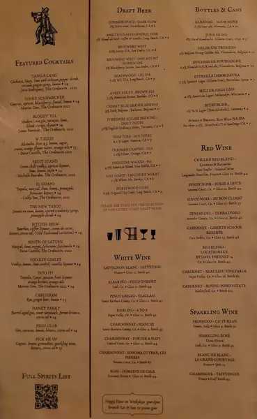 menu of The Ordinarie Tavern