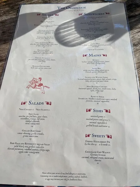 menu of The Ordinarie Tavern