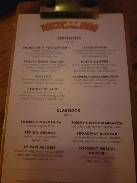 menu of Mezcalero