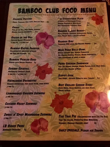 menu of The Bamboo Club