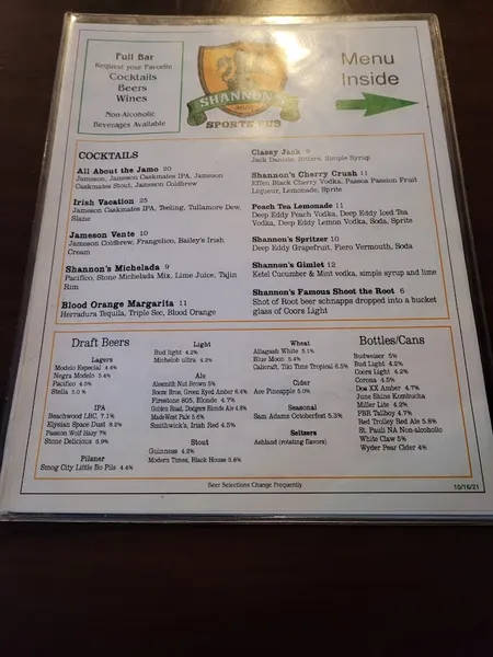 menu of Shannon's On Pine Irish Pub & Sports Bar