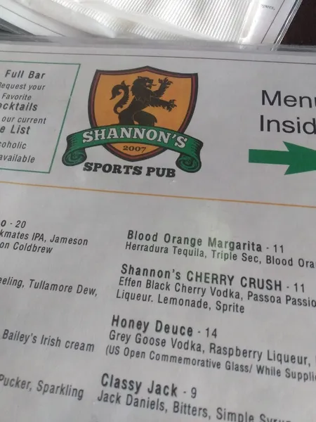 menu of Shannon's On Pine Irish Pub & Sports Bar