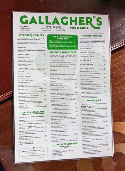 menu of Gallagher's Pub & Grill