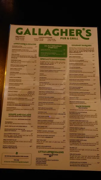 menu of Gallagher's Pub & Grill