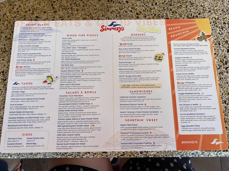 menu of Simmzy's Restaurant Long Beach