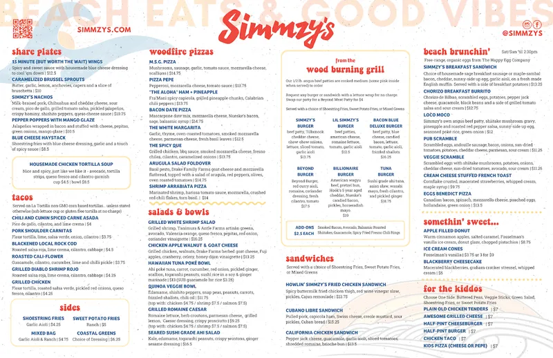 menu of Simmzy's Restaurant Long Beach