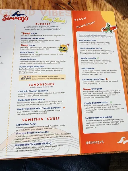 menu of Simmzy's Restaurant Long Beach