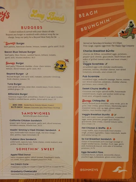 menu of Simmzy's Restaurant Long Beach