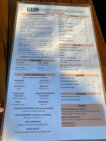 menu of Belmont Brewing Co