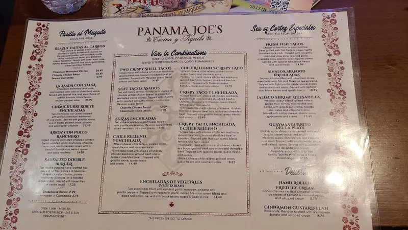 menu of Panama Joe's