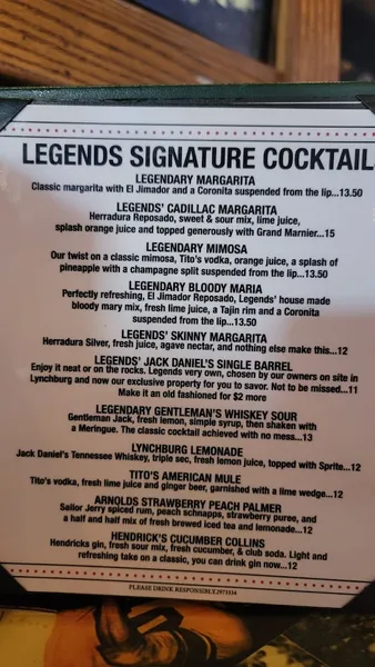 menu of Legends Restaurant & Sports Bar