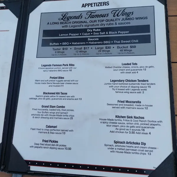 menu of Legends Restaurant & Sports Bar